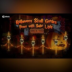 Halloween Set of Skull Lawn Stakes Pathway Connecting Chain w/Solar Light Decor